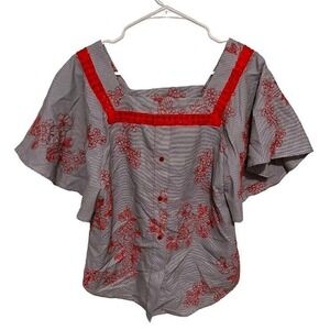 Laundry Shelly Segal Blue Stripe Red Floral Embroidery Casual Blouse Extra Small